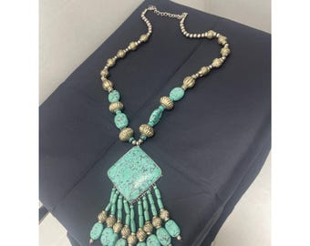 Large Pendant Western Dangle Faux Turquoise Necklace Southwest Chunky Native