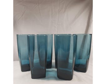6 Anchor Hocking Rio Coastal Blue 6 inch Glass Tumblers Square Base MCM Style