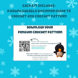 Puede incluir: Una tarjeta azul y blanca con un c&oacute;digo QR e instrucciones para descargar un patr&oacute;n de crochet de ping&uuml;ino. El texto en la tarjeta dice "Descarga tu patr&oacute;n de crochet de ping&uuml;ino", "Ve a o escanea el c&oacute;digo QR: https://www.olismarket.com/pages/penguin", "Escribe la contrase&ntilde;a:", "&iquest;Necesitas ayuda? Env&iacute;a un correo electr&oacute;nico a olismarkett@gmail.com o env&iacute;a un mensaje en las redes sociales", "Facebook- @Olismarkett", "Instagram- @Olismarket".