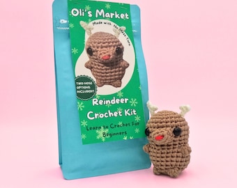 Kit de crochet de reno para principiantes - Kit de crochet para hacer uno mismo - Kit de crochet de reno - Aprende a tejer a crochet - Kit - Aguja de crochet - Hilo - Amigurumi de reno