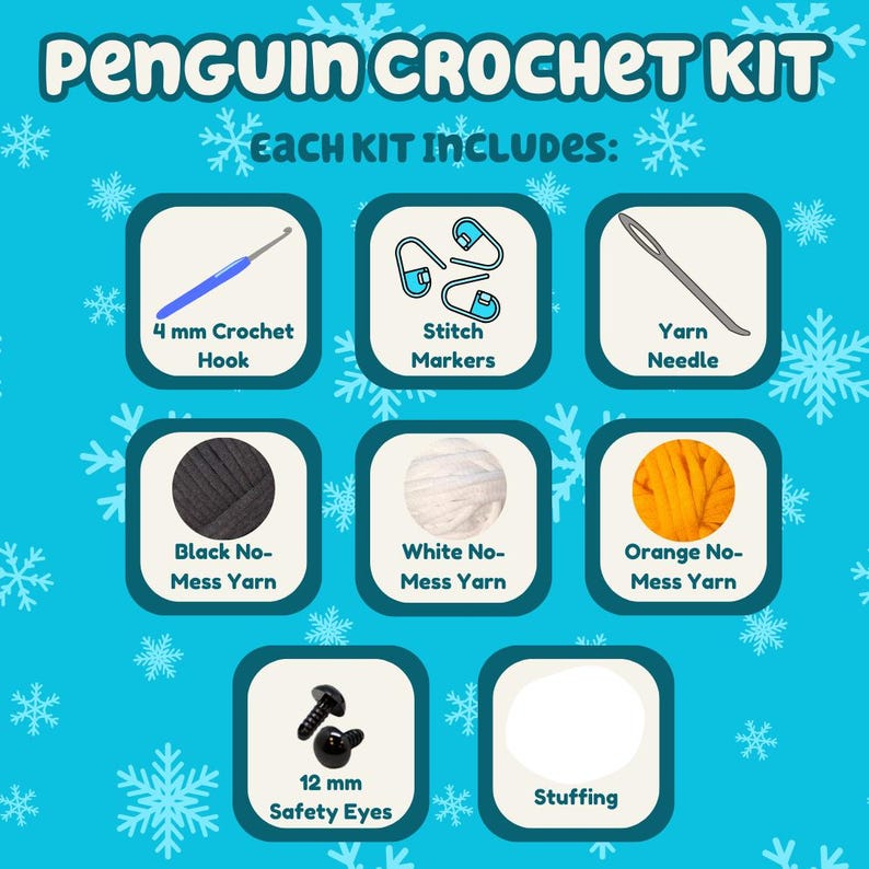 Puede incluir: Un kit de crochet para hacer un ping&uuml;ino que incluye hilo negro, blanco y naranja, un gancho de crochet de 4 mm, marcadores de punto, una aguja de lana, ojos de seguridad y relleno. El kit se muestra sobre un fondo azul con copos de nieve.