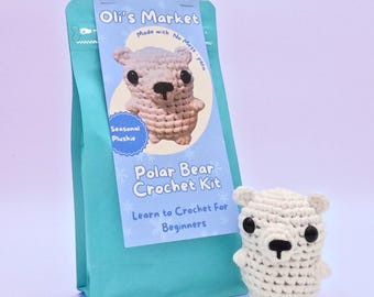 Kit de crochet de oso polar para principiantes - Kit de crochet para hacer uno mismo - Kit de crochet de oso polar - Aprende a tejer a crochet - Kit - Aguja de crochet - Hilo - Amigurumi de oso