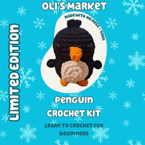 Puede incluir: Un kit de crochet de ping&uuml;ino con el texto "Edici&oacute;n limitada", "OLI'S MARKET", "Hecho con hilo sin desorden", "Kit de crochet de ping&uuml;ino" y "Aprende a tejer crochet para principiantes".