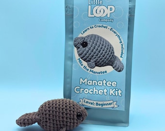 Kit de crochet de Milo el manatí: kit de crochet de animales marinos para principiantes con tutoriales. Apoya la conservación del manatí.