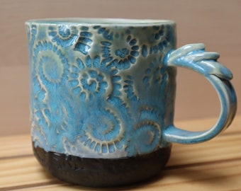 Blue handmade pottery mug, ocean pottery mug, fossil pottery mug, shell pottery mug, blue artisan mug, pottery coffee mug, beach pottery mug