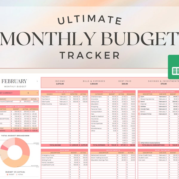 Monthly Budget Spreadsheet for Google Sheets | Digital Budget Planner Template Monthly Budget Financial Planner Excel Budget Finance Tracker