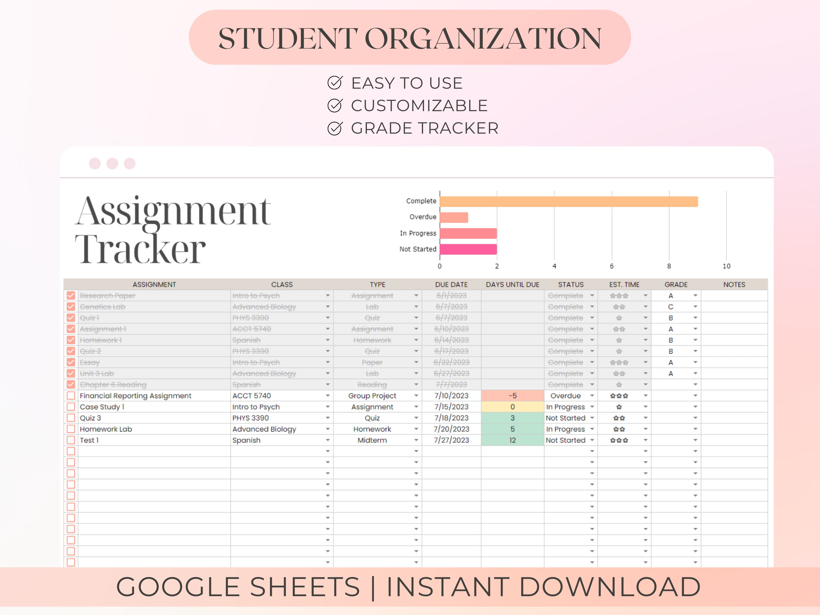 Student Assignment Tracker for Google Sheets | Homework Tracker ...