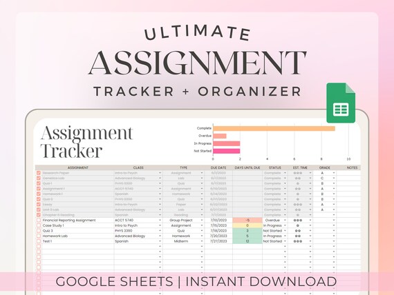 Student Assignment Tracker for Google Sheets | Homework Tracker, Homework Planner, College Digital Planner, Assignment Log, Student Planner