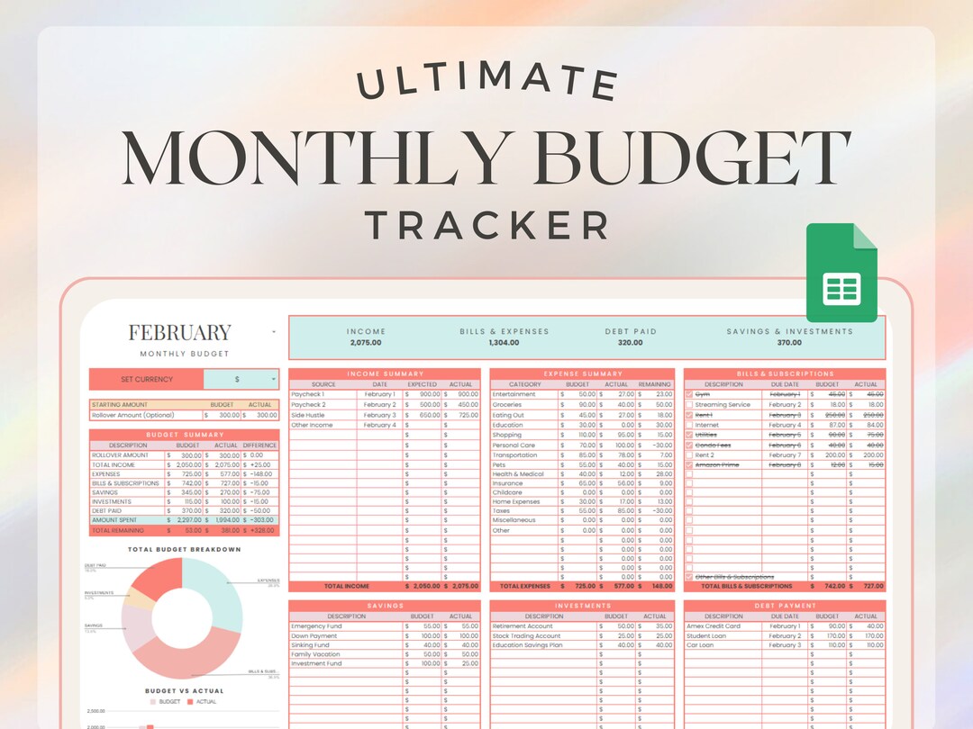 Monthly Budget Spreadsheet for Google Sheets | Digital Budget Planner ...