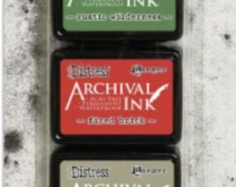 May include: A set of four Distress Archival Ink pads in the colors rustic wilderness, fired brick, frayed burlap, and prize ribbon. The ink pads are acid-free, permanent, and waterproof.