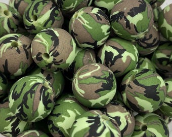 Green Camouflage Pattern  Silicone Beads - 15mm