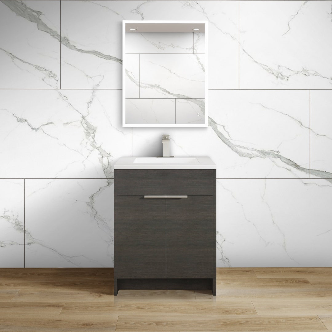 24 Inch Bathroom Vanity Dark Brown Wood Single Sink Modern Flat Slab