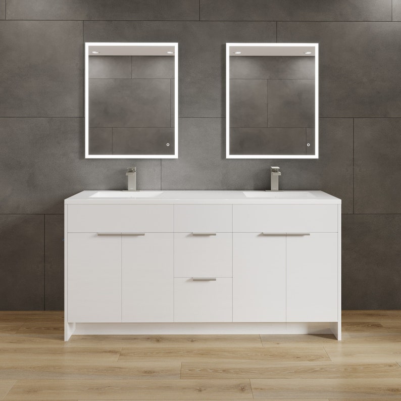 60 Inch Bathroom Vanity Gloss White Double Sink With Drawers Frameless