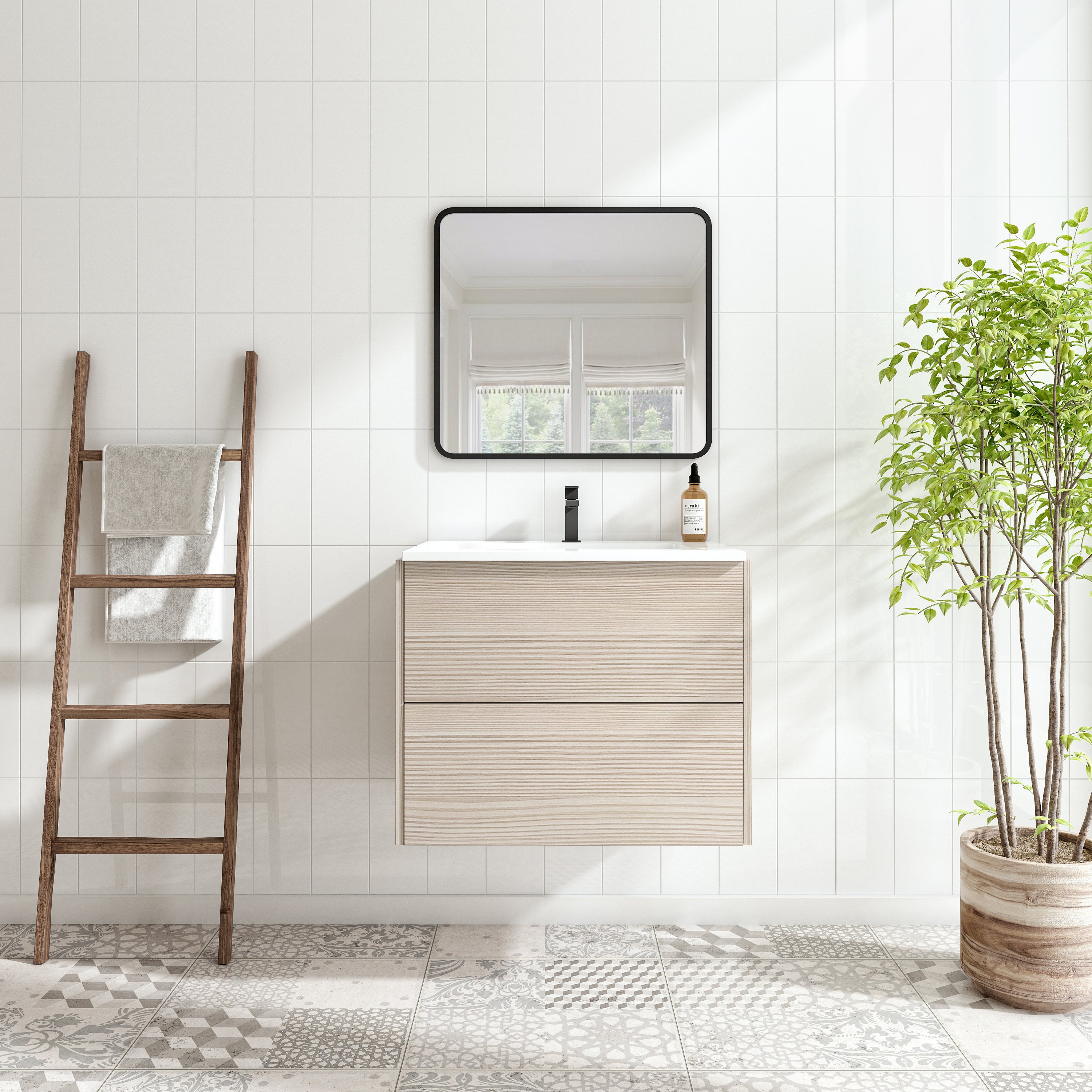 Pale Pine Woodgrain Floating Vanity 30 Inch W/ 2 Drawers | Modern Flat ...