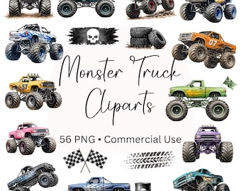 Monster Truck Watercolor Clipart, 56 Cliparts, Monster Truck Clipart, Digital Download