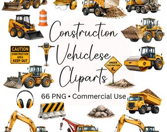 Construction Vehicle Watercolor Clipart, 66 Cliparts, Construction Vehicle Clipart, Digital Download