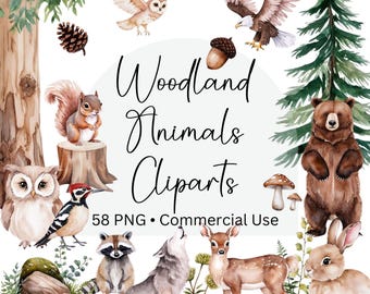 Bosdieren aquarel clipart, 58 cliparts, bosdieren boom clipart