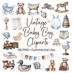 Clipart de acuarela de bebé niño vintage, 48 cliparts, clipart de bebé niño nuevo