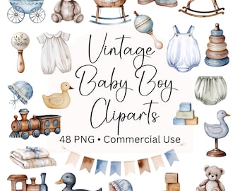 Vintage Baby Boy Watercolor Clipart, 48 Cliparts, New Baby Boy Clipart