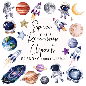 Space Rocketship Watercolor Clipart, 54 Cliparts, Astronaut Clipart