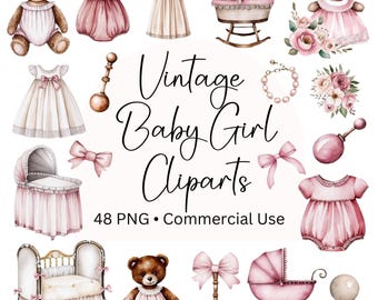 Vintage Baby Girl Watercolor Clipart, 48 Cliparts, New Baby Girl Clipart