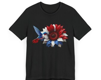 Camiseta Patriótica, Camiseta com a Bandeira dos EUA, Camiseta com o Pássaro Americano, Blusa Floral de Verão, Camiseta com Girassol para Ele e Ela, Camiseta de Presente com Beija-flor