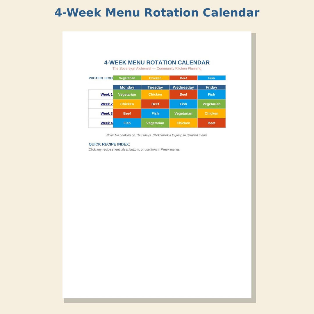 4 - Week Menu Rotation Calendar System - for Community Kitchens ...