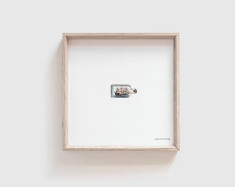 Miniature Ship in a Bottle Painting PRINT // Tiny Art, Minimalist Art, Cute Personal Gift