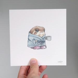 Grumpy Rain Frog with Morning Coffee - Mini Painting PRINT // Tiny Art, Whimsical Illustration, Cute Personal Gift, ChonkyFrog