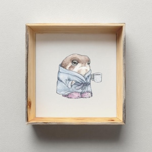 Grumpy Rain Frog with Morning Coffee PRINT - Cozy Watercolor Art
