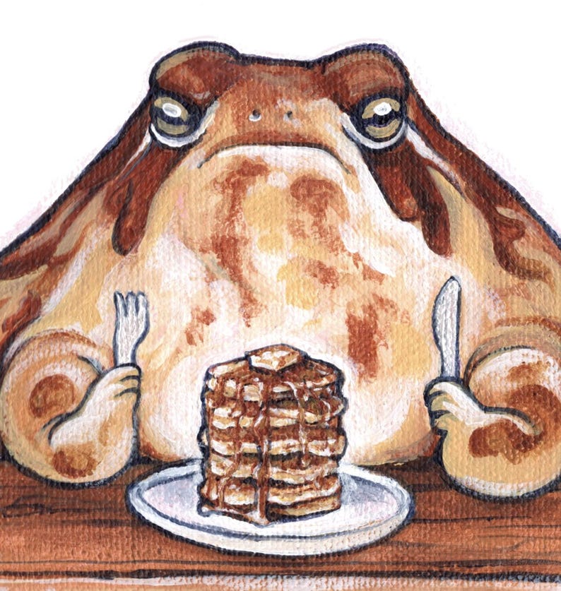 Grumpy Frog Eating Pancakes Art Print | Miniature Painting, Cozy Decor ...