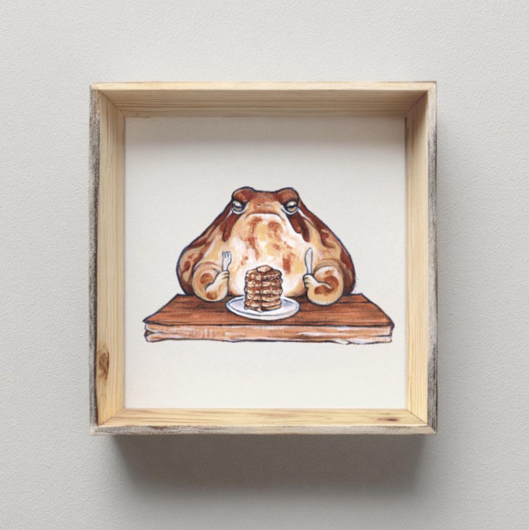 Grumpy Frog Eating Pancakes Art Print | Miniature Painting, Cozy Decor ...