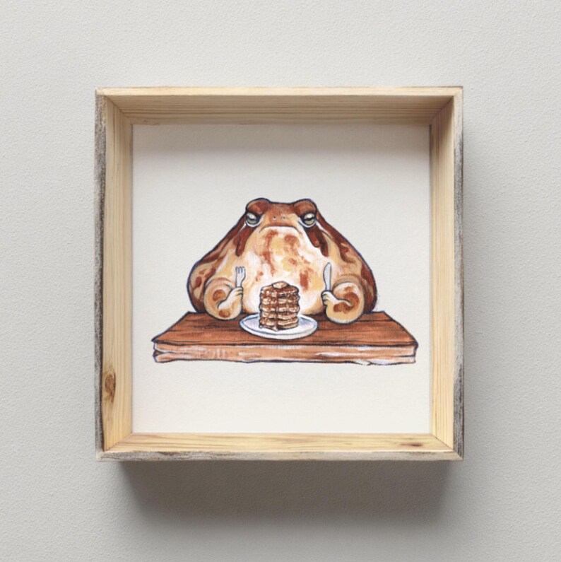 Grumpy Frog Eating Pancakes Art Print | Miniature Painting, Cozy Decor ...