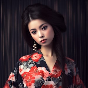 Amazing Asian Woman in Black Kimono, Canvas Print, Cultural Art, Asian Inspiration, Oriental Art, Eastern Classics, Beautiful Japanese Girl