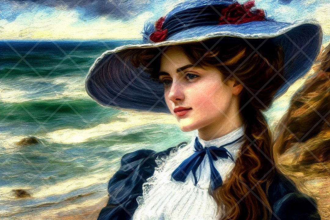 Classic Fine Art Prints, Woman by the Seashore, Digital Printable, Impressionist Canvas, French