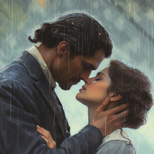 Romantic Kiss - Canvas Print, Romantic Couple in Rain, Woman in Love, Dating Gift, Victorian Style, Romance Place, Modern Impressionism