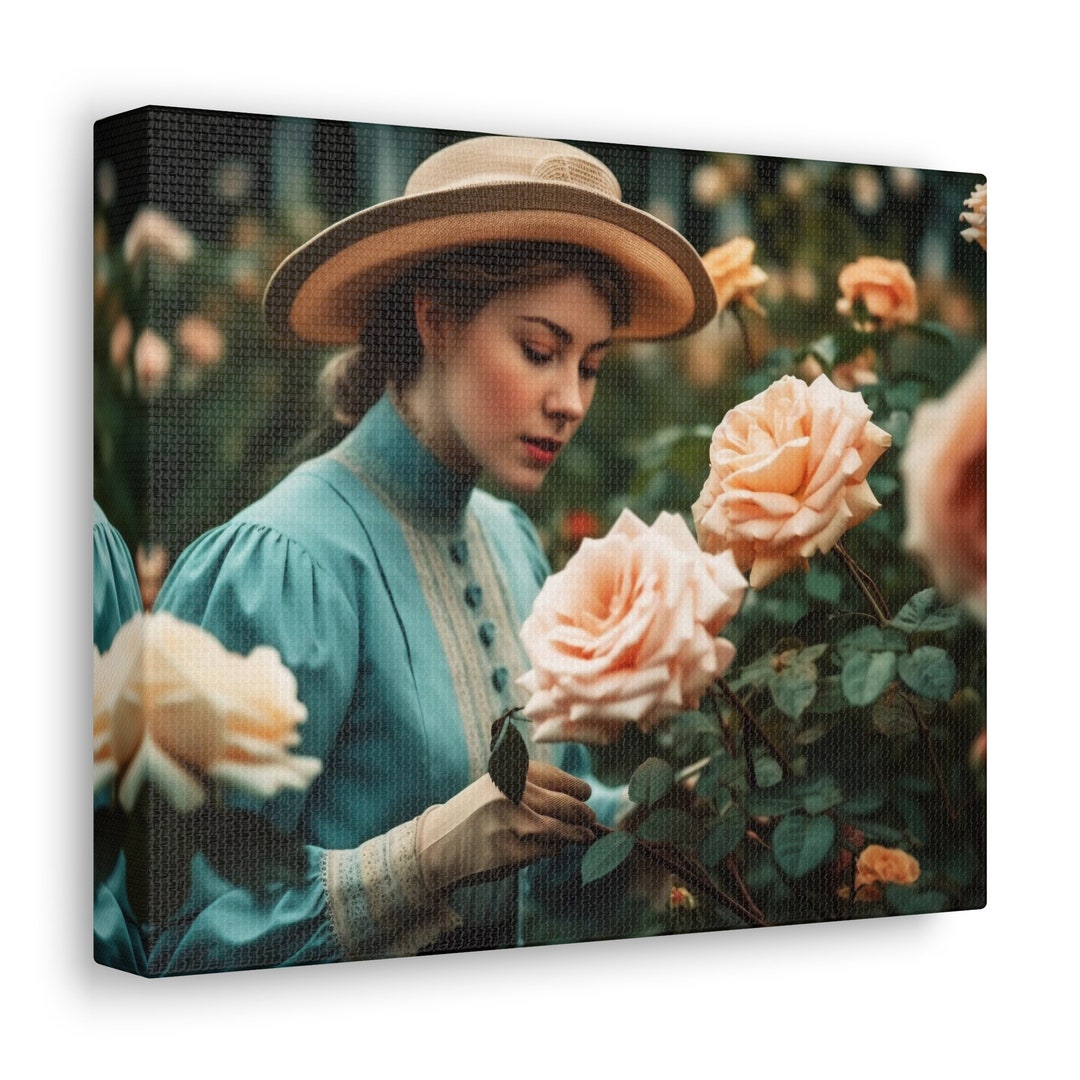 Victorian Style Gardening Woman in Fancy Rose Garden Print Wall Decor