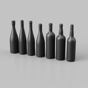 May include: Six matte black wine bottles of varying shapes and sizes are arranged in a row against a gray background. The bottles have dark stoppers and a sleek, minimalist design, suitable for a modern aesthetic.