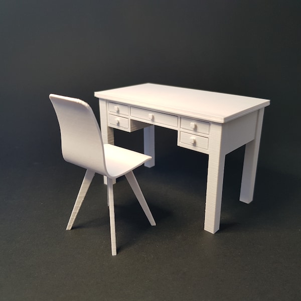 Bureau et chaise miniatures, avec tiroirs et portes fonctionnels - Meubles miniatures à l'échelle 1/12, fichiers STL numériques pour impression 3D