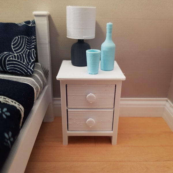 Miniature Two Drawer Bedside Table with working drawers - Miniature Furniture 1/12 scale, Digital STL files for 3d Printing