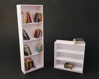 May include: Two white bookshelves with books on each shelf. The larger bookshelf has four shelves and the smaller bookshelf has two shelves.