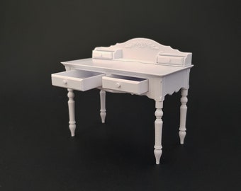 May include: White wooden desk with two drawers, a carved top, and turned legs. The drawers are open.