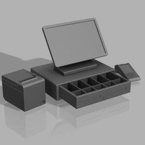 Point-of-sale-configuratie: kaartmachine, kassa- en bonprinter, miniatuurmeubels, schaal 1/12, digitale STL-bestanden voor 3D-printen