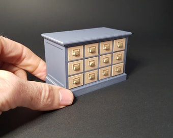 Gabinete en miniatura de 12 cajones con 3 estilos de tiradores, escala 1/12, archivos STL digitales para impresión 3D.