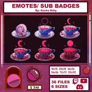 May include: A set of six animated emotes featuring a teacup with dripping blood and different moon phases. The emotes are available in six sizes: 18x18, 28x28, 36x36, 56x56, 72x72, and 112x112 pixels. The emotes are for use on Twitch, YouTube, and Discord. The price is ¥300.
