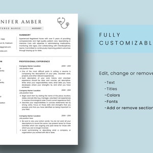 May include: A customizable resume template with a blue background and a stethoscope icon. The template includes sections for contact information, summary, education, professional experience, skills, hobbies, and a fully customizable message.