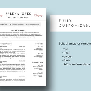 Currículum de asistente de cuidado personal, currículum de cuidador, CNA, currículum de enfermería, plantilla de currículum de asistente de atención domiciliaria + carta de presentación, referencias, editable