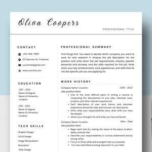 May include: A black and white resume template with the name Oliva Coopers at the top. The resume includes sections for contact information, education, tech skills, professional summary, and work history.