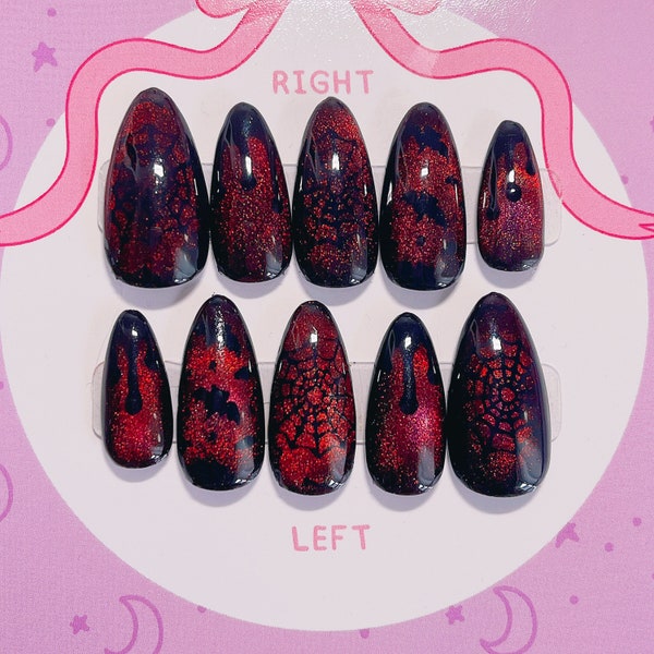 Sanguine Velvet | Cute Press On Nails | Black & Blood Red Nails | Spooky | Witch | Vampire