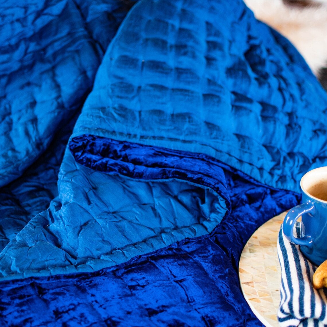 Midnight Blue Silk Velvet Comforter Set Finest Hand Quilted Etsy